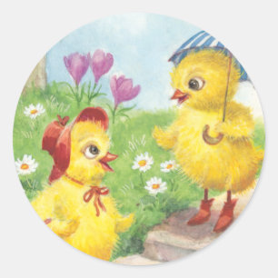 Sticker Rond Poussins de Pâques, vintage