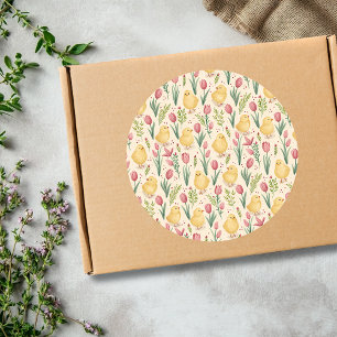 Sticker Rond Poussins jaunes mignons tulipes rouges de Pâques v