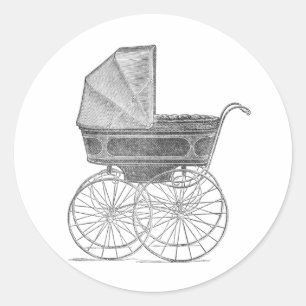 Sticker Rond Pram bébé vintage en noir et blanc