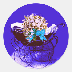 Sticker Rond PRAM vintage AVEC BABY SHOWER FLEURS