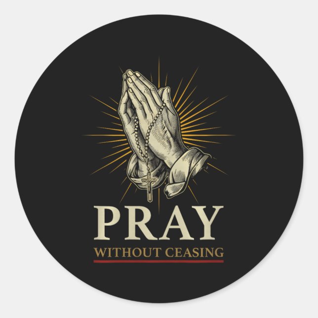 Sticker Rond Praying Hands Jesus Cross Rosary Faith Devotion Pr (Devant)