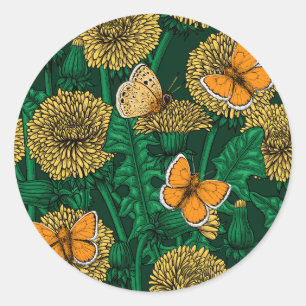 Sticker Rond Pré de Dandelion sur vert foncé