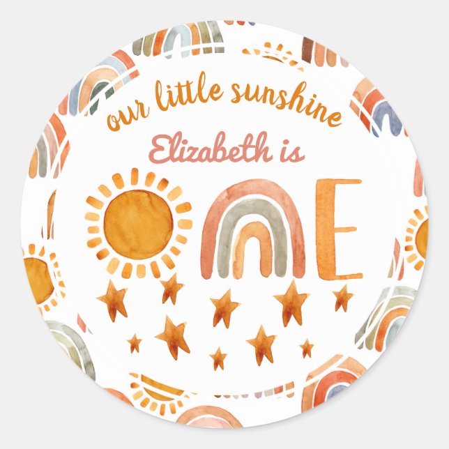 Sticker Rond Premier anniversaire aquarelle soleil et arc-en-ci (Devant)