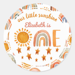 Sticker Rond Premier anniversaire aquarelle soleil et arc-en-ci
