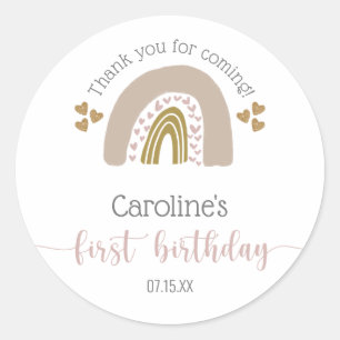 Sticker Rond Premier anniversaire Boho Rainbow Pink Gold Merci