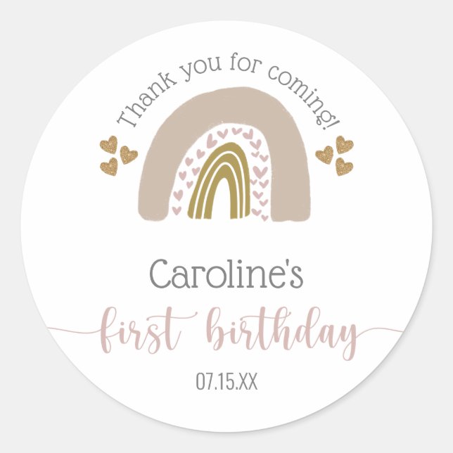 Sticker Rond Premier anniversaire Boho Rainbow Pink Gold Merci (Devant)