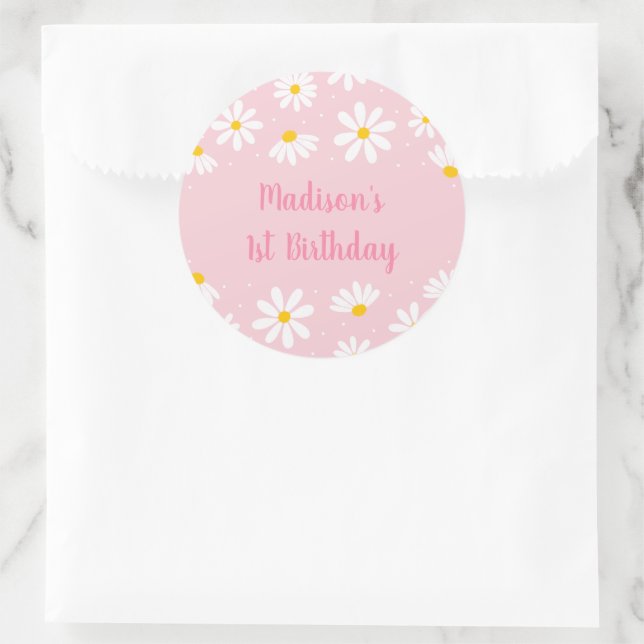 Sticker Rond Premier anniversaire de la marguerite rose (Sac)