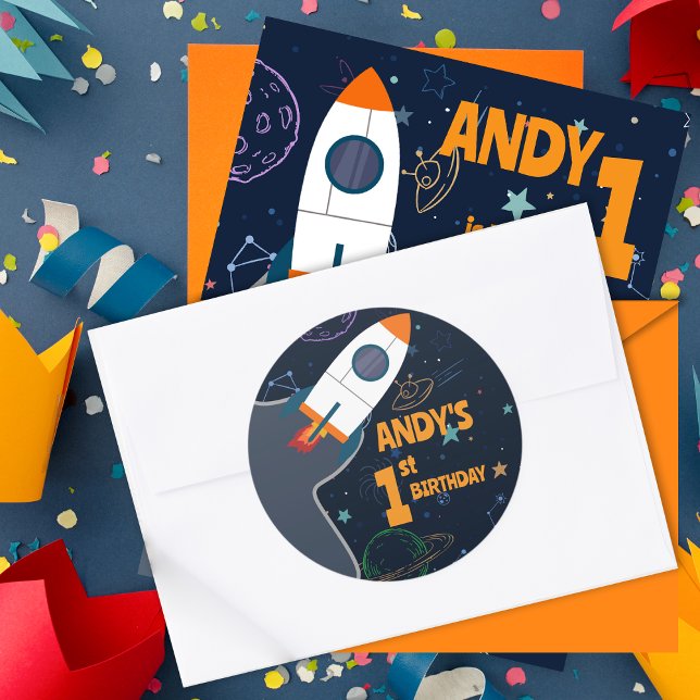 Sticker Rond Premier anniversaire de l'espace extra-atmosphériq (Gender Neutral Outer Space First Birthday Classic Round Sticker)