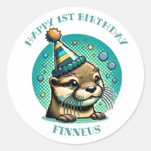 Sticker Rond Premier anniversaire du garçon à thème Otter Perso