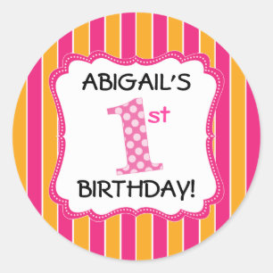 Sticker Rond Premier anniversaire mignon filles roses/oranges