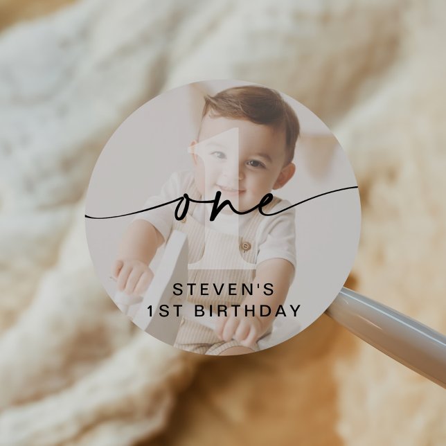 Sticker Rond Premier anniversaire minimaliste d'une photo (Créateur téléchargé)