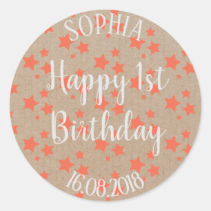 Sticker Rond Premier anniversaire Orange Stars Papier d'artisan