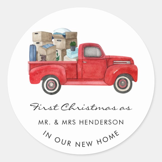 Sticker Rond Premier Noël Comme M. Mme Red Truck Maison de vaca (Devant)