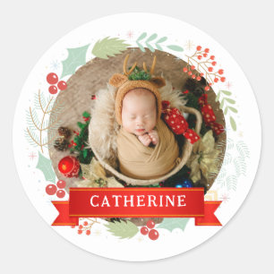 Sticker Rond Premier Noël du bébé simple et élégant Nom personn