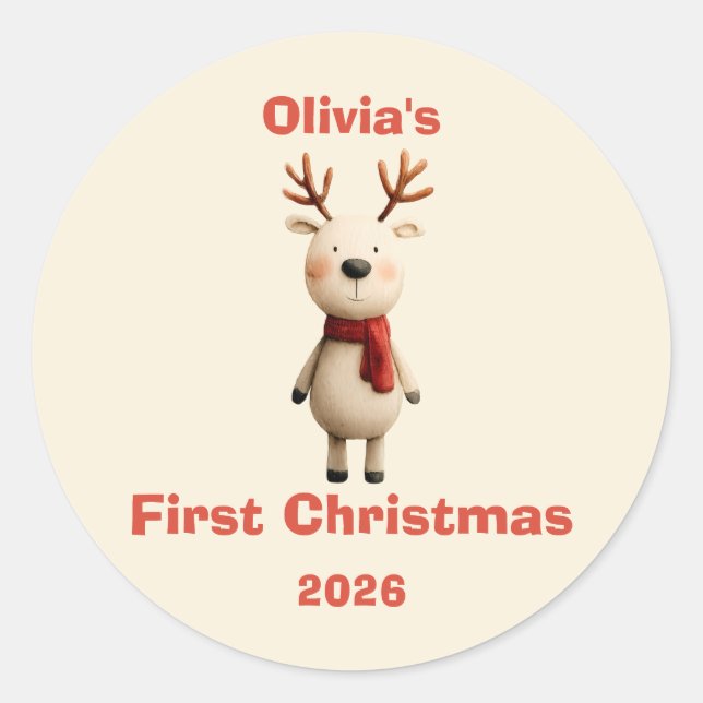 Sticker Rond Premier ornement de Noël pour bébé personnalisé (Devant)