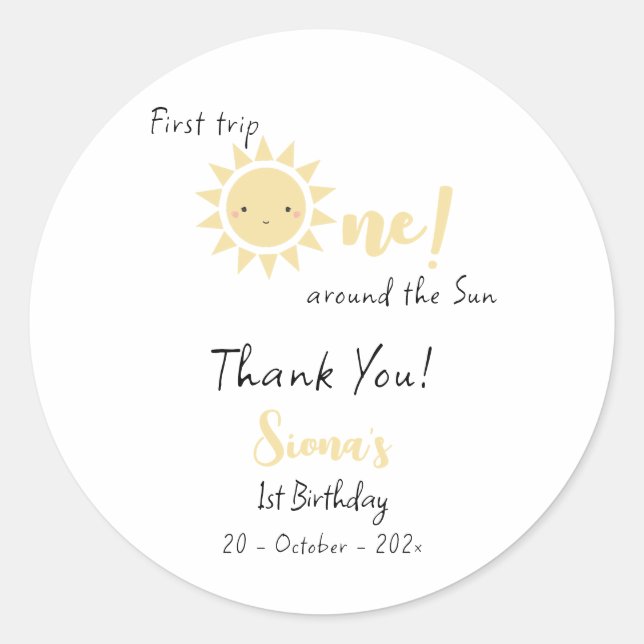 Sticker Rond Premier Voyage Autour Du Soleil Mignonne 1Er Anniv (Devant)