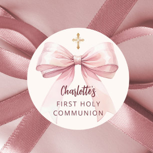 Sticker Rond Première communion arc rose fille croix crème