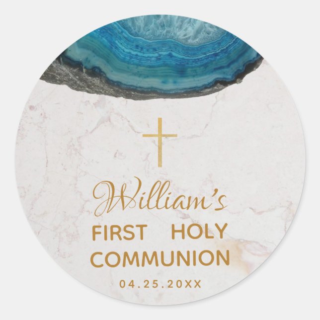 Sticker Rond Première communion Boy Blue Geode Marble Gold Cros (Devant)