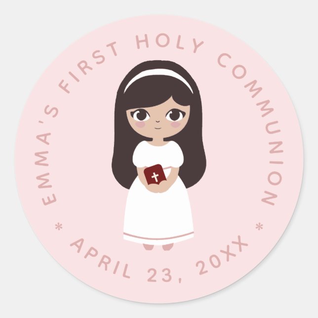 Sticker Rond Première Communion Brunette Girl Robe Blanche Rose (Devant)