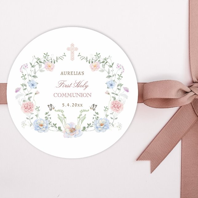 Sticker Rond Première communion de cadre floral élégant (Créateur téléchargé)