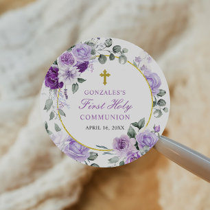 Sticker Rond Première communion de fille aux fleurs violettes