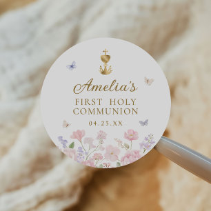 Sticker Rond Première communion de fille fleurs pastel