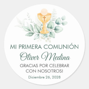Sticker Rond Première communion Feuille verte mignonne et éléga