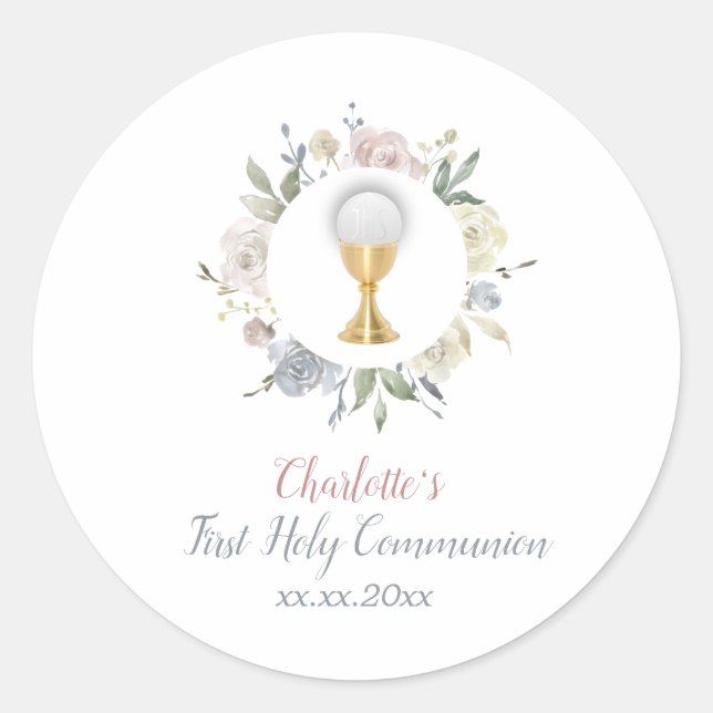 Sticker Rond Première communion fille cercle fleurs pâles (Devant)
