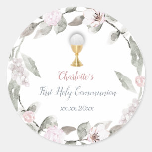 Sticker Rond Première communion fille fleurs couronne