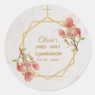 Sticker Rond Première Communion Fille Marbre Or rose Magnolia