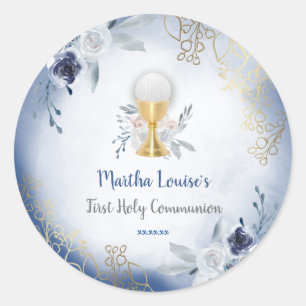 Sticker Rond première communion fleurs d'aquarelle bleue