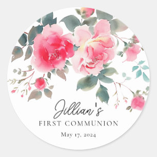Sticker Rond Première communion Fleurs de Blush