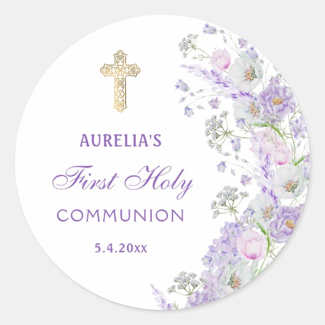 Sticker rond Première Communion Fleurs Lilac (Devant)