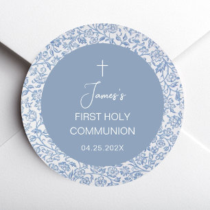 Sticker Rond Première communion garçon motif floral bleu et bla