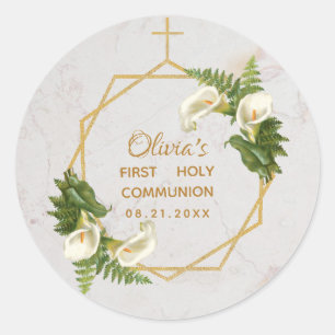 Sticker Rond Première communion Marbre Or Calla Lilies géométri