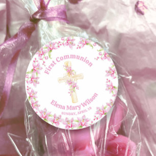 Sticker Rond Première communion orchidée rose aquarelle 