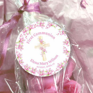 Sticker Rond Première communion orchidée rose aquarelle