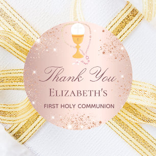 Sticker Rond Première communion rose parties scintillant d'or m