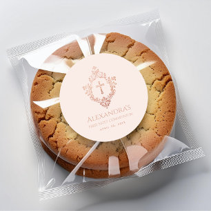 Sticker Rond Première communion rose poudré or rose blason élég