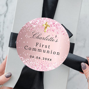 Sticker Rond Première communion rose rousse parties scintillant