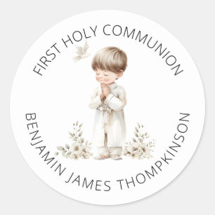 Sticker Rond Première communion sainte minimaliste pour garçon