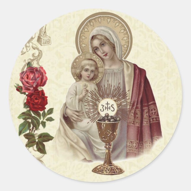 Sticker Rond Première Communion Sainte Vierge Marie Jésus (Devant)