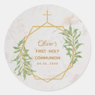 Sticker Rond Première Communion Verdure Or Botanique Géométriqu