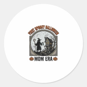 Sticker Rond Première Maman Halloween Gravure Vintage Sorcière