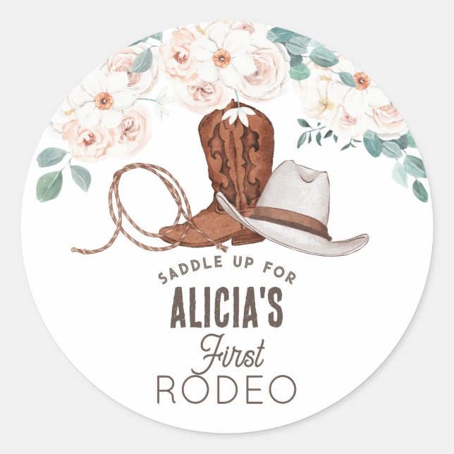 Sticker Rond Première Rodéo Cowgirl Western Floral 1er Annivers (Devant)