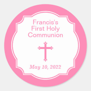 Sticker Rond Première sainte communion de fille de Croix rose