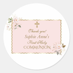Sticker Rond Première Sainte Communion Rose Charm Floral Or