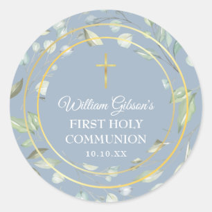 Sticker Rond  Première Sainte Communion Verdure Croix d'or bleu