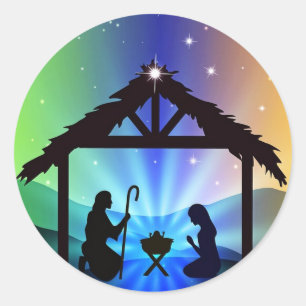 Sticker Rond Première scène de nativité de Noël à Bethlehem