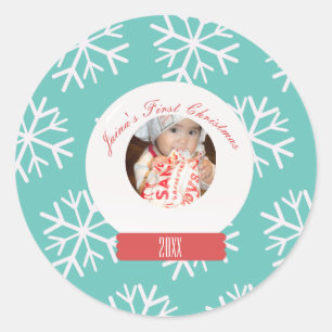 Sticker Rond Premiers Snowglobe Snowflakes de Noël pour bébé Tu